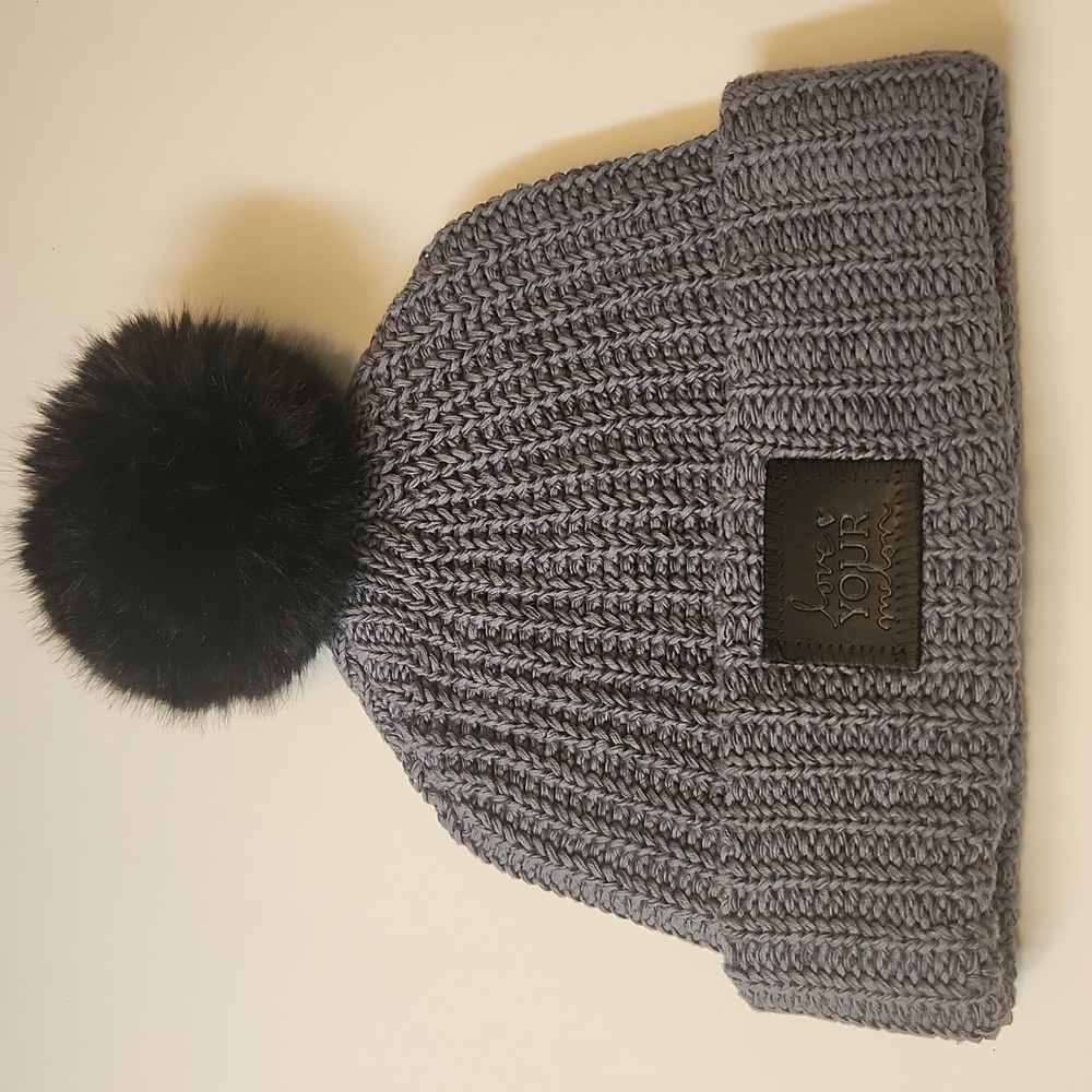 Love your melon hat Grey and Black With Top Pom Size OS NWOT